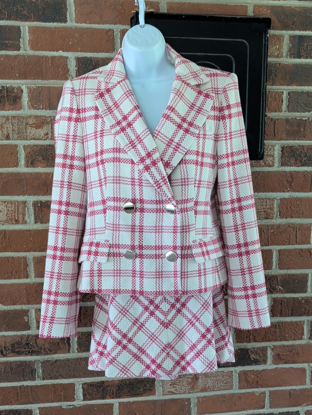 Zara Pink & White Plaid Double-Breasted Mini Skirt Tweed Suit Size S (1135)